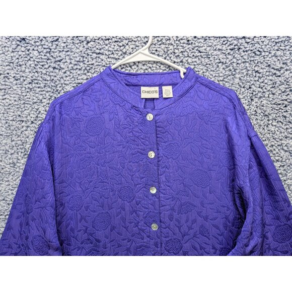 Chicos Quilted Button Up Shacket Womens XL (3) Floral Silk Blend Boho Purple - Picture 3 of 10
